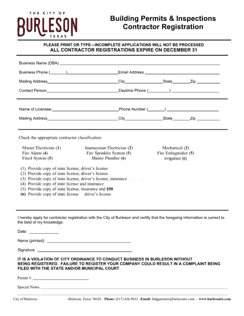 First page of the Contractor Registration