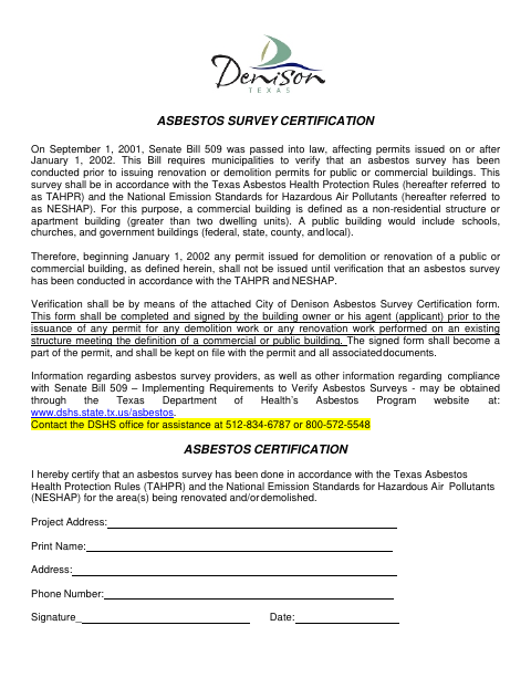 First page of the Asbestos Survey Certification