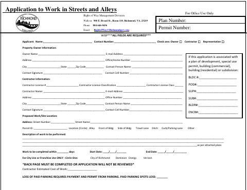 First page of the Application to Work in Streets and Alleys