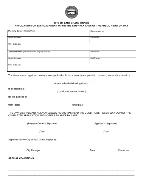 First page of the Application for Encroachment Within the Sidewalk Area of the Public Right of Way