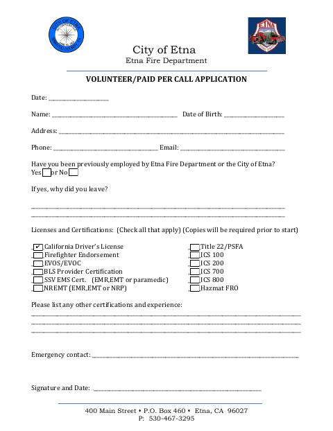 First page of the Volunteer/Paid Per Call Application