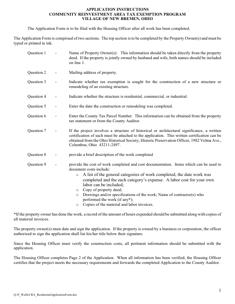 First page of the Community Reinvestment Area Tax Exemption Program Application