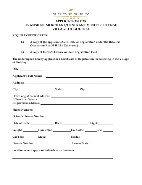 First page of the Transient Merchant/Itinerant Vendor License Application
