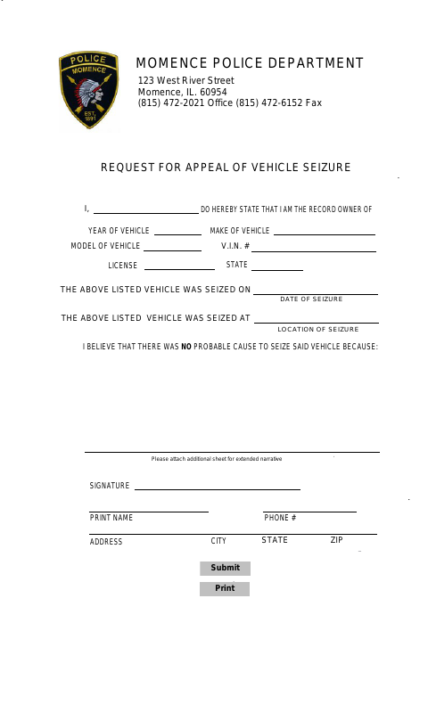 First page of the Request for Appeal of Vehicle Seizure