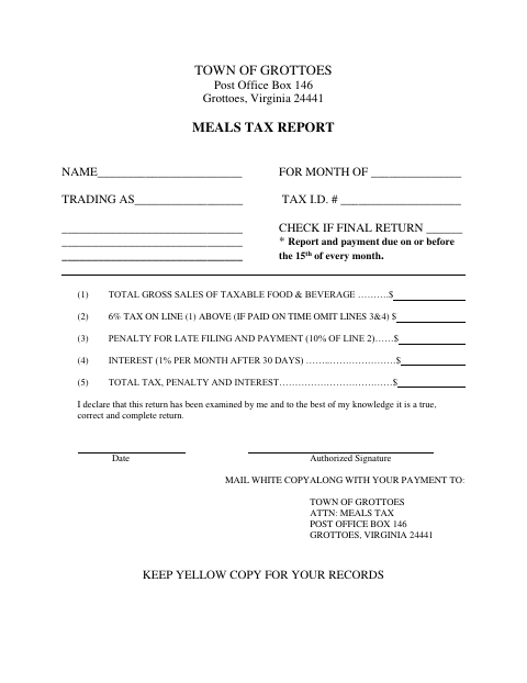 First page of the Meals Tax Report