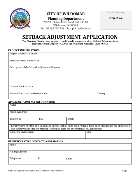 First page of the Setback Adjustment Application