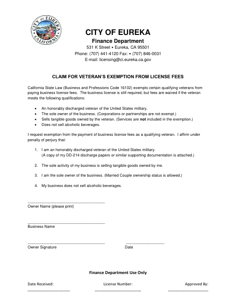 First page of the Claim for Veteran’s Exemption from License Fees