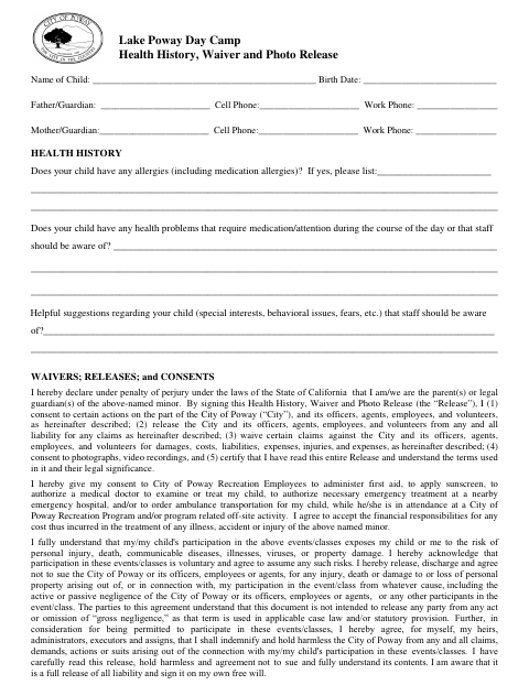 First page of the Lake Poway Day Camp Health History, Waiver and Photo Release