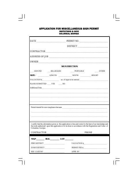 First page of the Miscellaneous Sign Permit Application