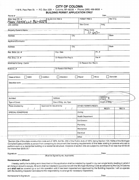 First page of the Building Permit Application
