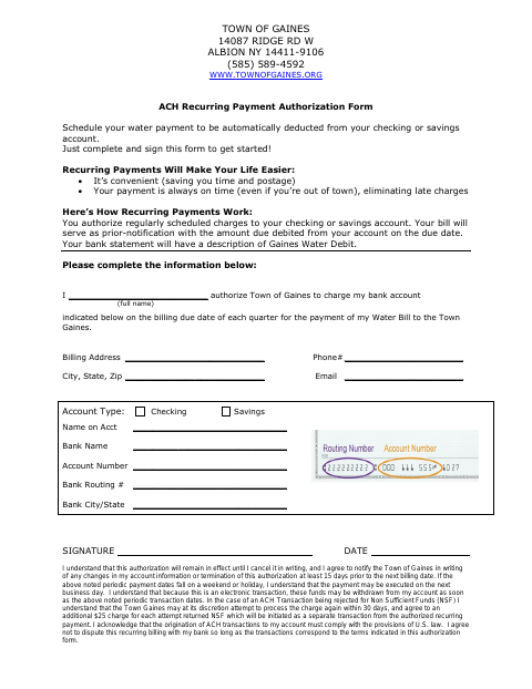 First page of the ACH Recurring Payment Authorization Form