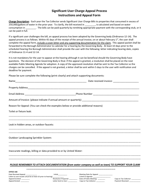 First page of the Significant User Charge Appeal Process Instructions and Appeal Form