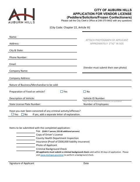 First page of the Application for Vendor License (Peddlers, Solicitors, and Frozen Confectioners)