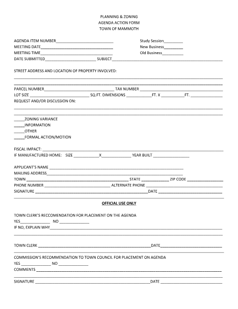 First page of the Planning & Zoning Agenda Action Form