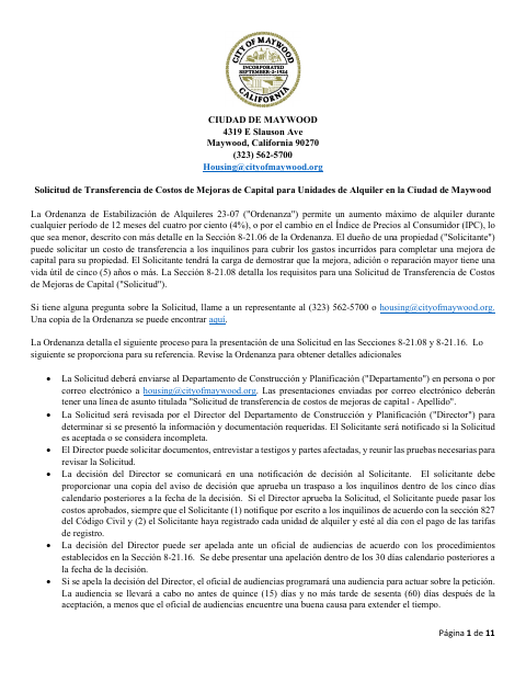 First page of the Solicitud de Transferencia de Costos de Mejoras de Capital para Unidades de Alquiler
