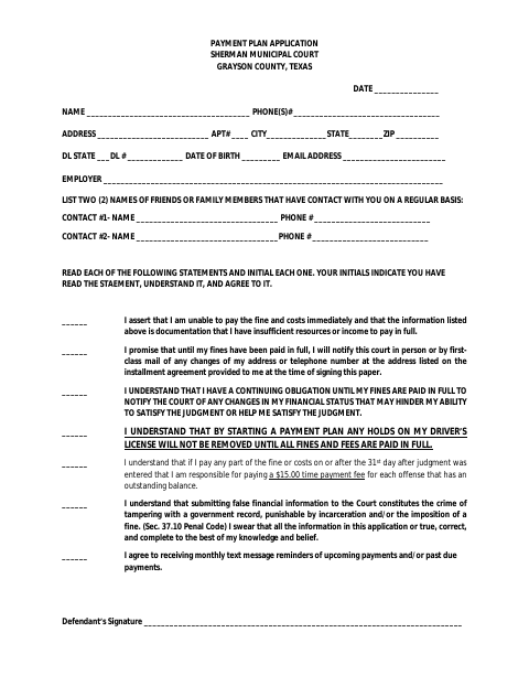 First page of the Payment Plan Application