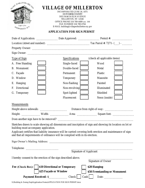 First page of the Application for Sign Permit