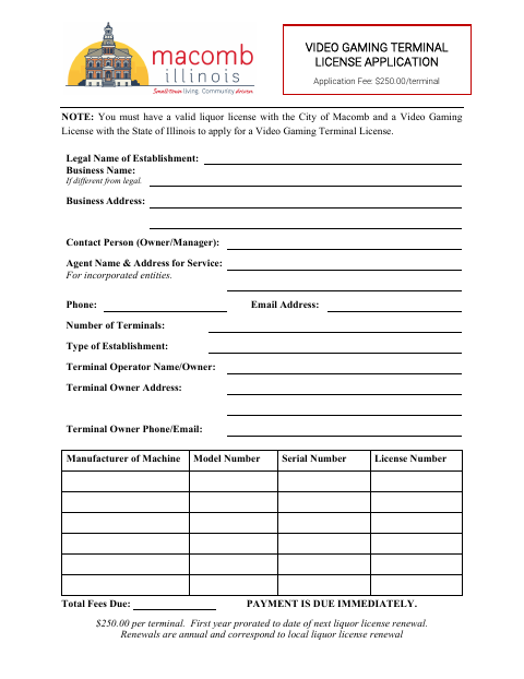 First page of the Video Gaming Terminal License Application