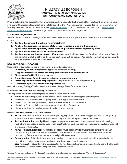 First page of the Handicap Parking Sign Application