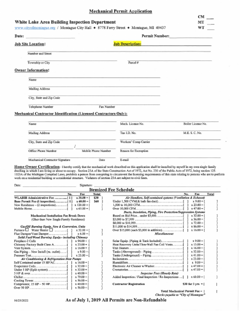 First page of the Mechanical Permit Application