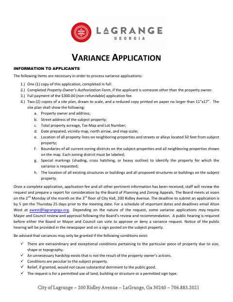 First page of the Variance Application