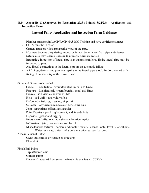 First page of the Sewer Lateral Inspection Application