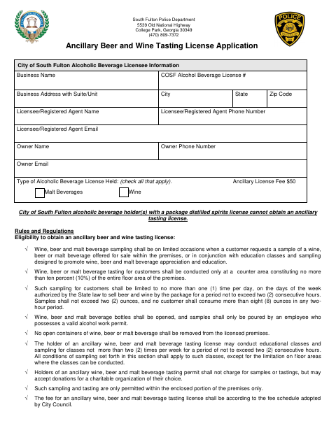First page of the Ancillary Beer and Wine Tasting License Application