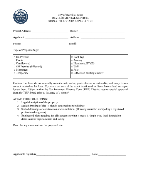 First page of the Sign & Billboard Application