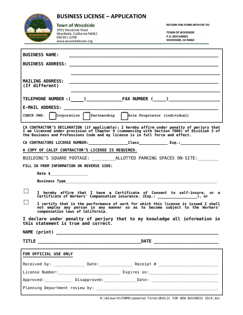 First page of the New Business License Application