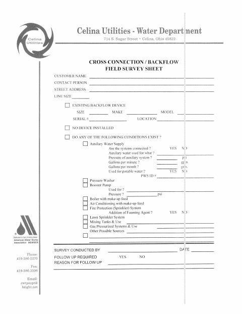 First page of the Cross Connection/Backflow Survey Sheet