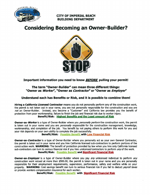 First page of the Owner-Builder Information Form (Property Owner's Package)
