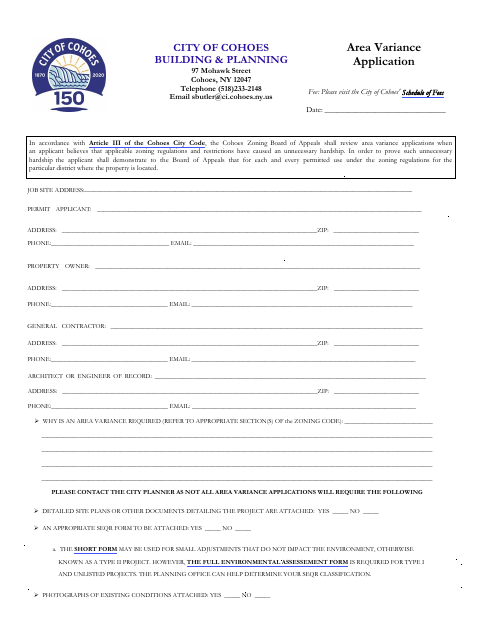 First page of the Area Variance Application
