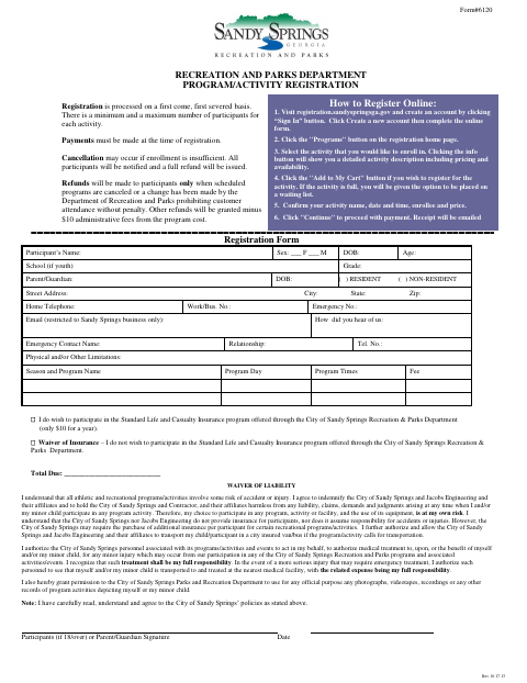First page of the Recreation and Parks Department Program/Activity Registration