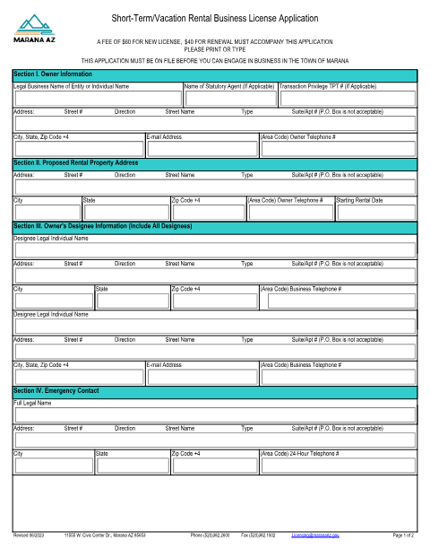 First page of the Short-Term/Vacation Rental Business License Application