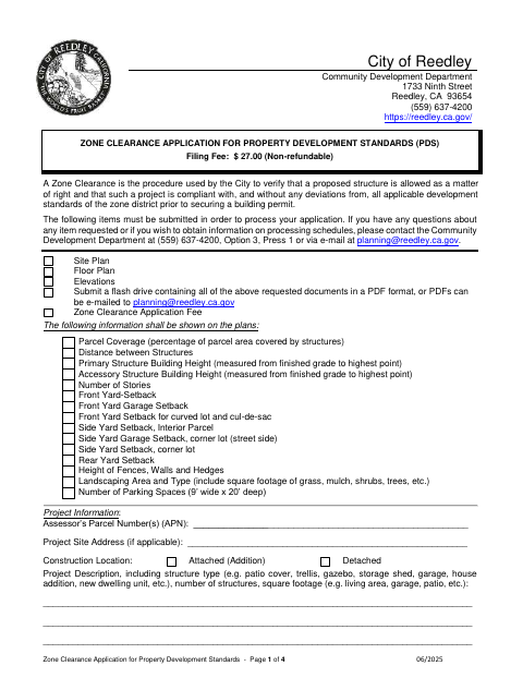 First page of the Zone Clearance Application for Property Development Standards