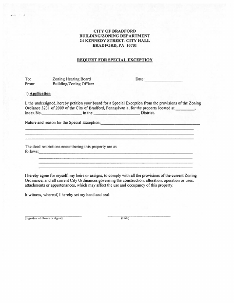 First page of the Special Exception Request