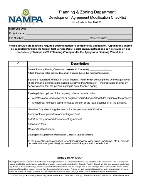 First page of the Development Agreement Modification Checklist