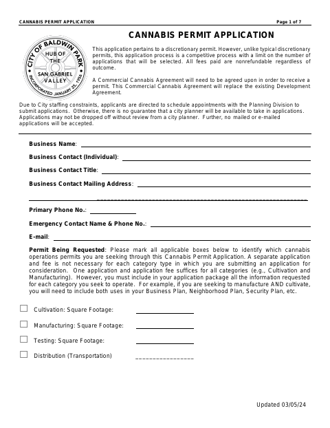 First page of the Cannabis Permit Application