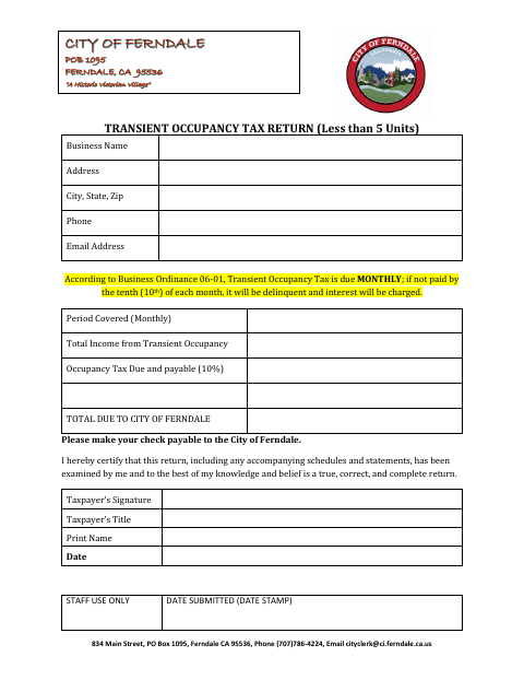 First page of the Transient Occupancy Tax Return (Less Than 5 Units)