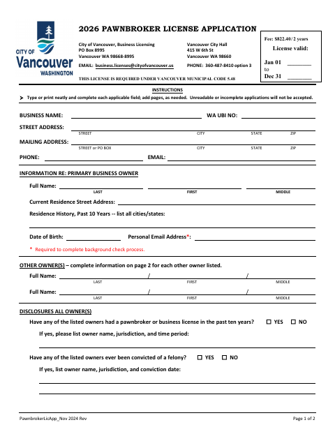 First page of the Pawnbroker License Application