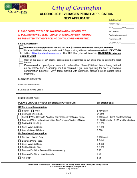 First page of the Alcohol Beverages Permit Application
