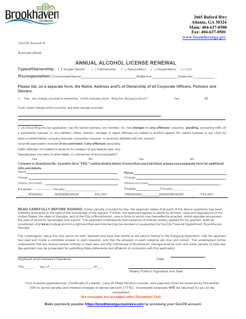 First page of the Annual Alcohol License Renewal