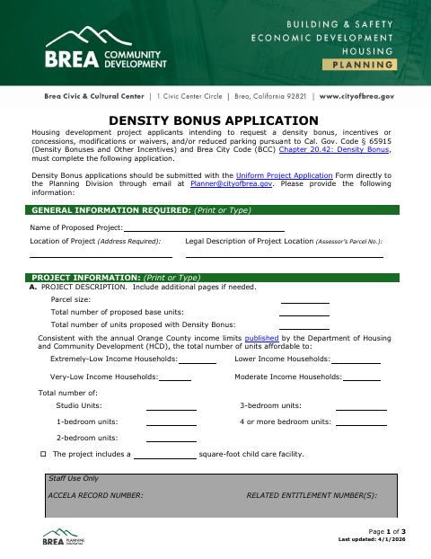 First page of the Density Bonus Application