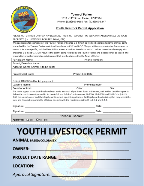 First page of the Youth Livestock Permit Application