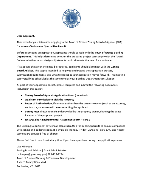 First page of the Zoning Board of Appeals Application