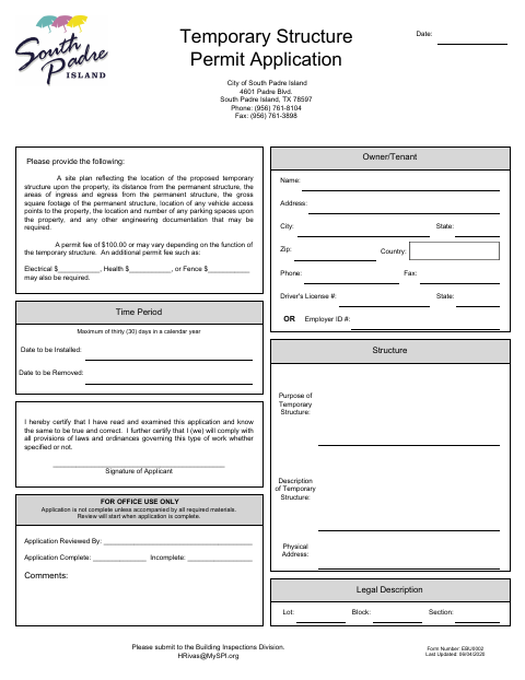 First page of the Temporary Structure Permit Application