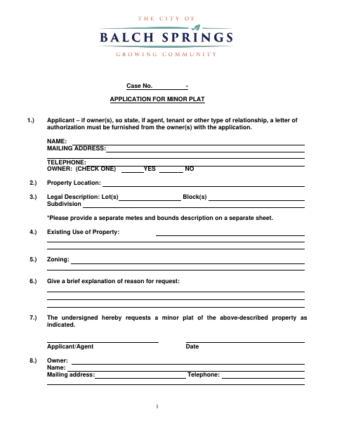 First page of the Minor Plat Application