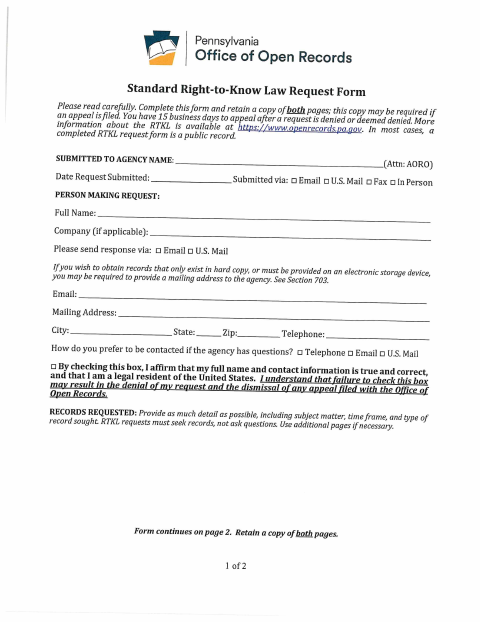 First page of the Right to Know Request Form