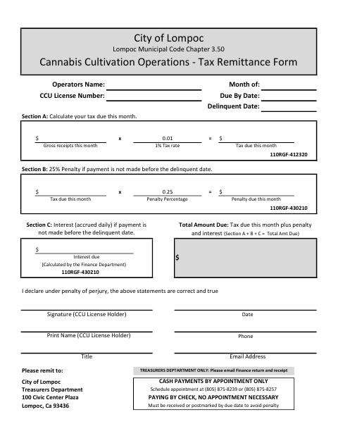 First page of the Cannabis Cultivation Operations Tax Remittance Form