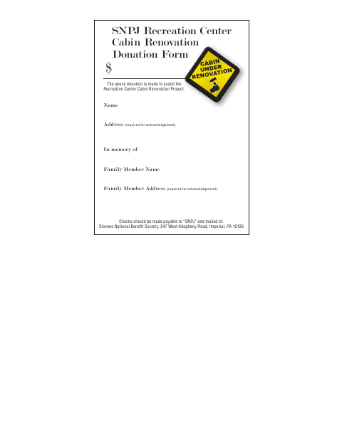 First page of the SNPJ Recreation Center Cabin Renovation Donation Form
